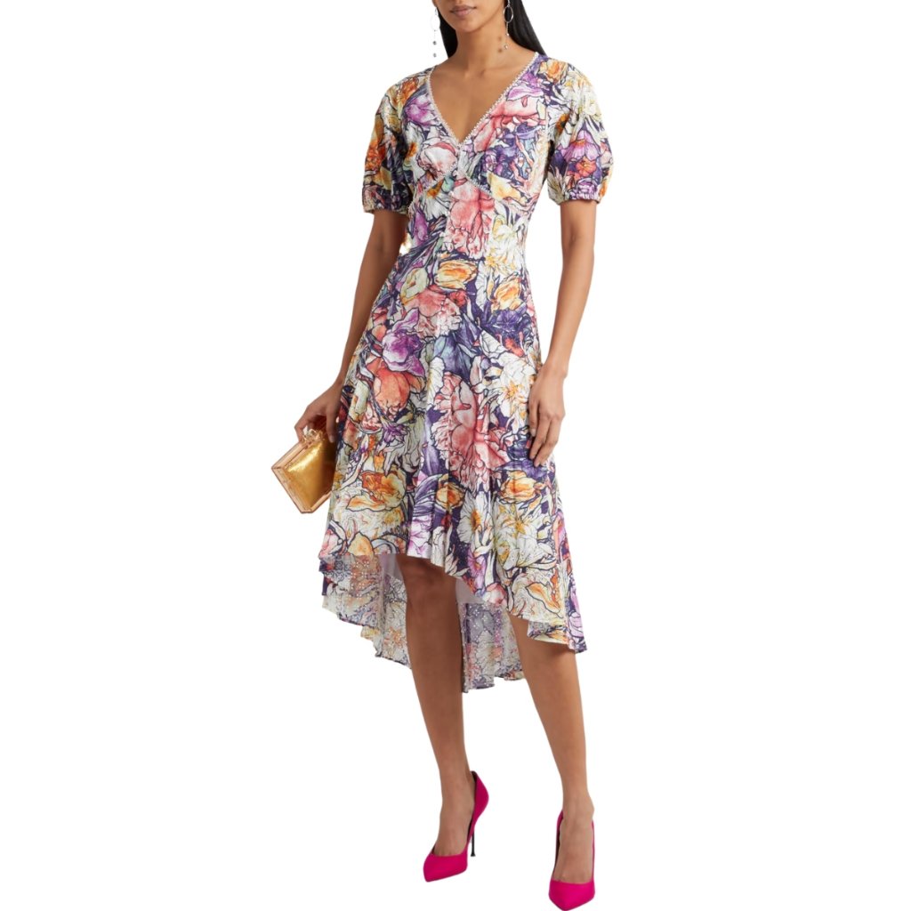 Marchesa Notte | Lace-Trimmed Asymmetrical Floral Dress